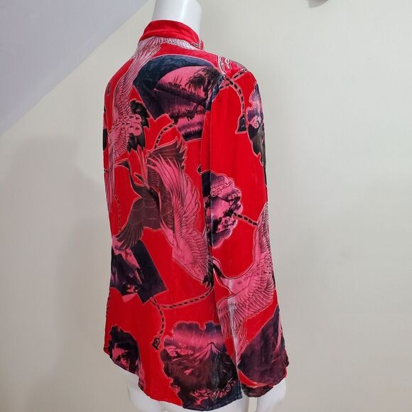 Aris A Womens XL Velvet Top Asian Crane Stand Collar Silk Knot Kimono Boho Artsy - Picture 5 of 10